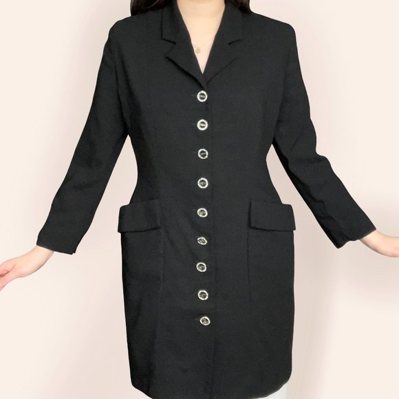 Vintage long black blazer w/ rhinestone buttons - Picture 3 of 4